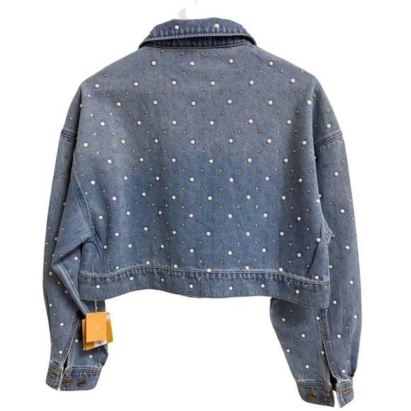 NWT Sandro Embellished Denim Jacket Pearl Crystal Studded Blue Cropped Sz 4 - Picture 6 of 14